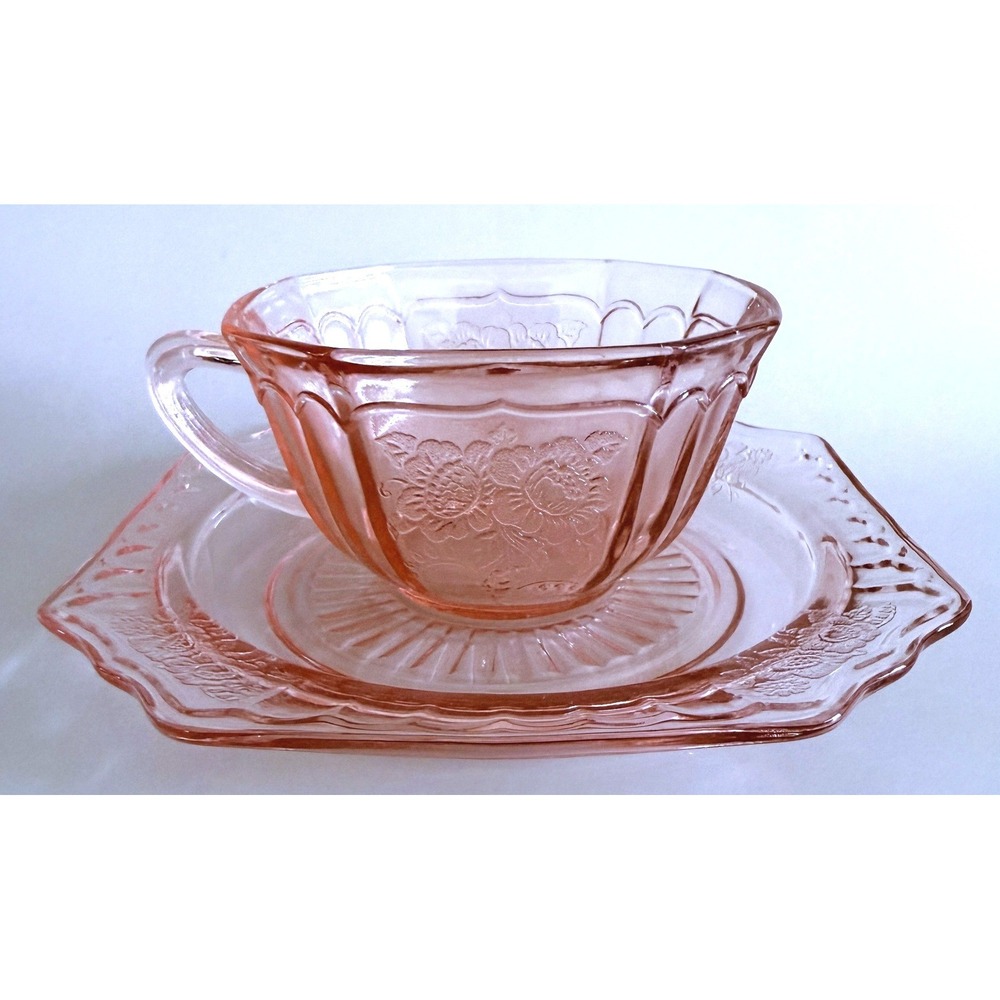 Anchor Hocking Mayfair Open Rose Cup, 2 Saucers Pink Depression Glass 1930s